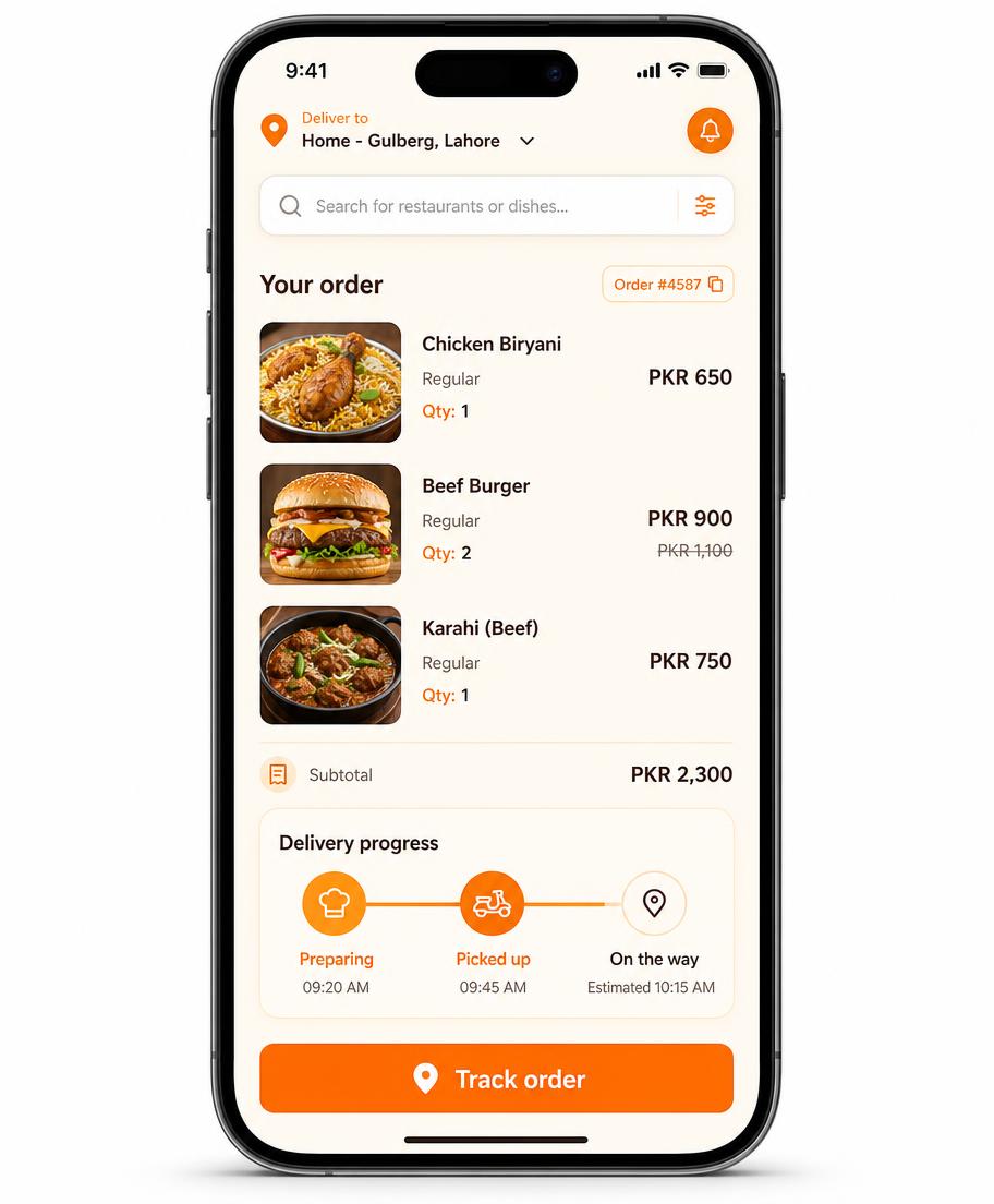 The Dooria app on a smartphone showing a food order with biryani, burger and karahi plus live delivery progress